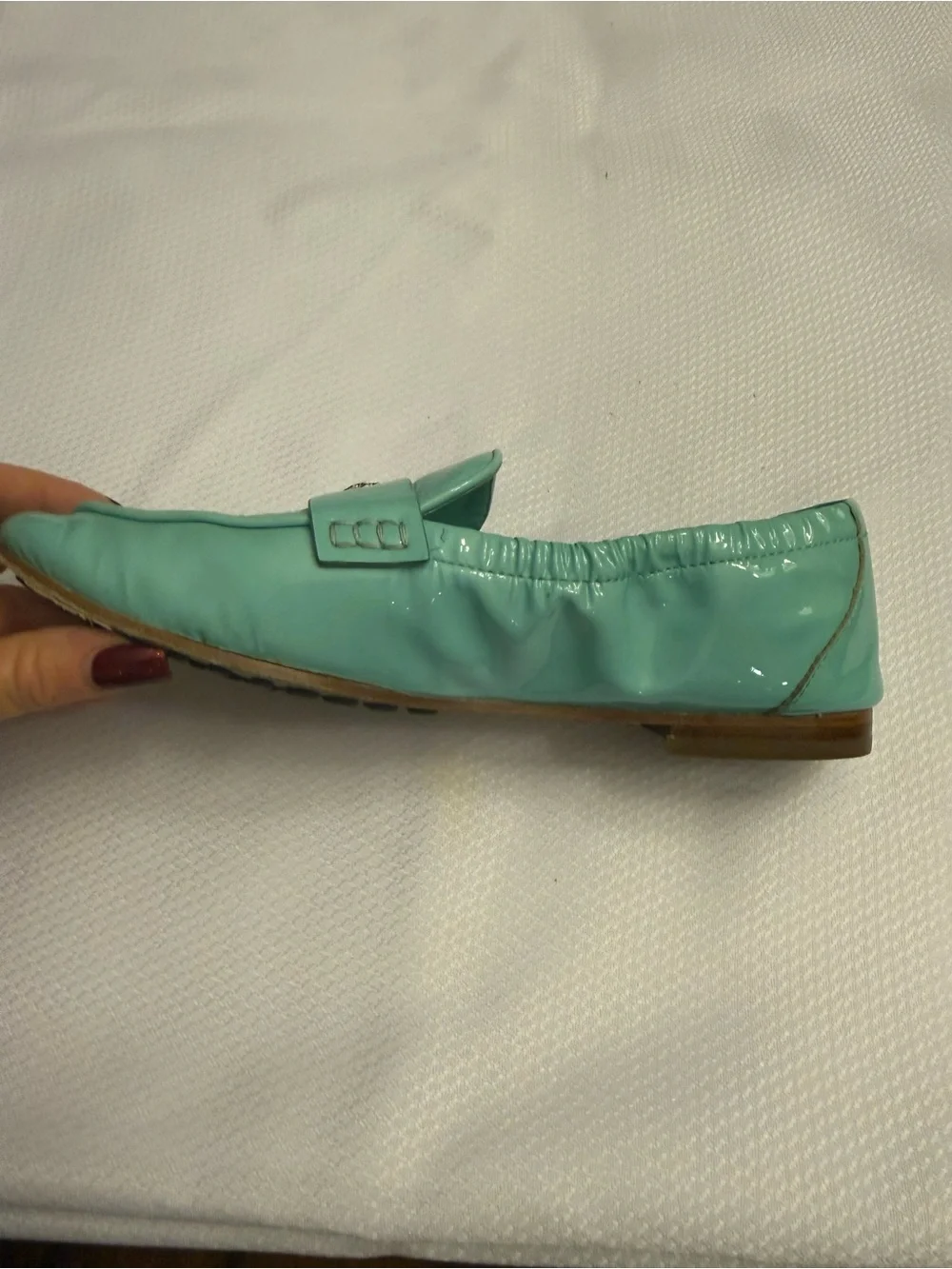 Tory Burch Glossy Seafoam Patent Leather Loafers